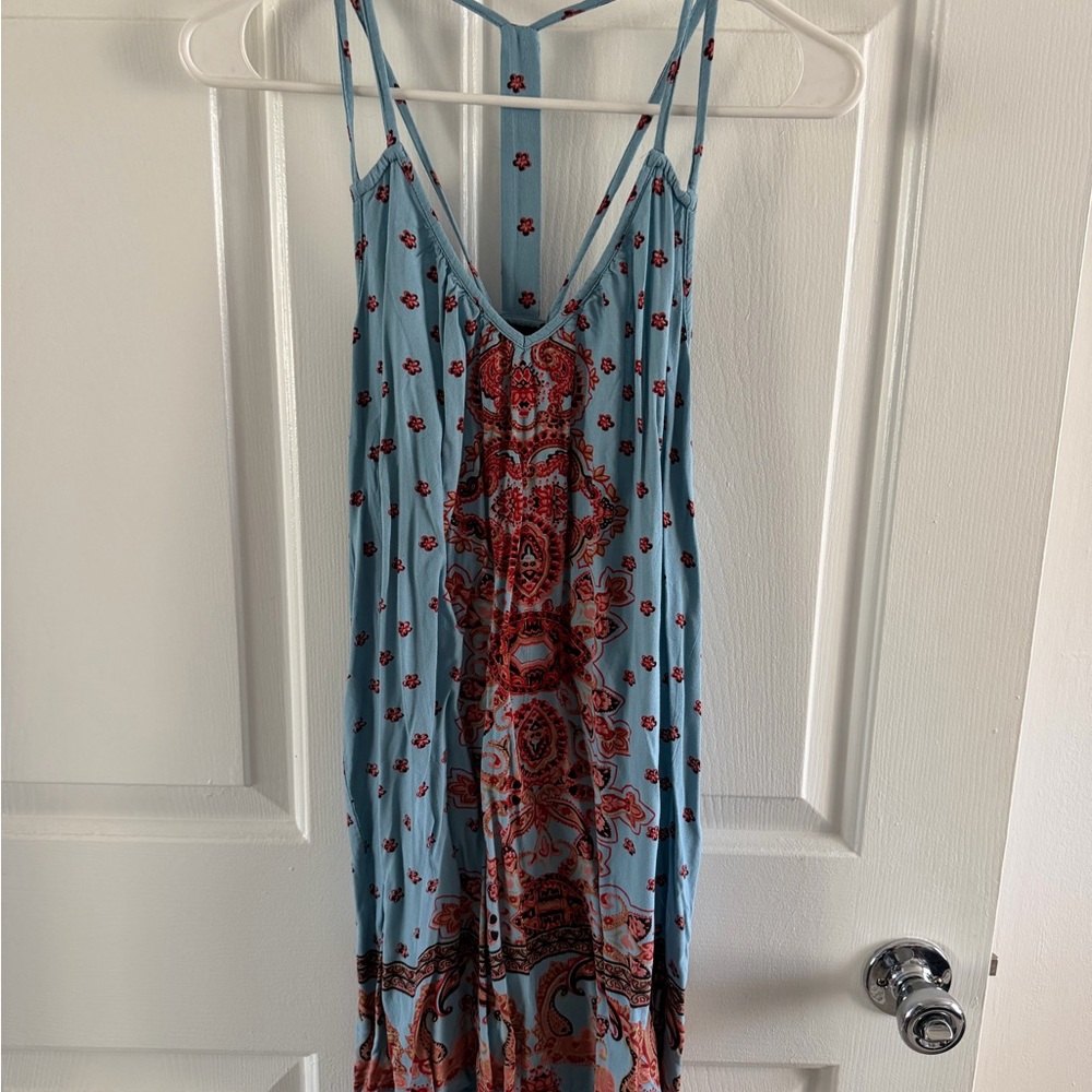 Angie Light Blue Dress with Red Floral Accents